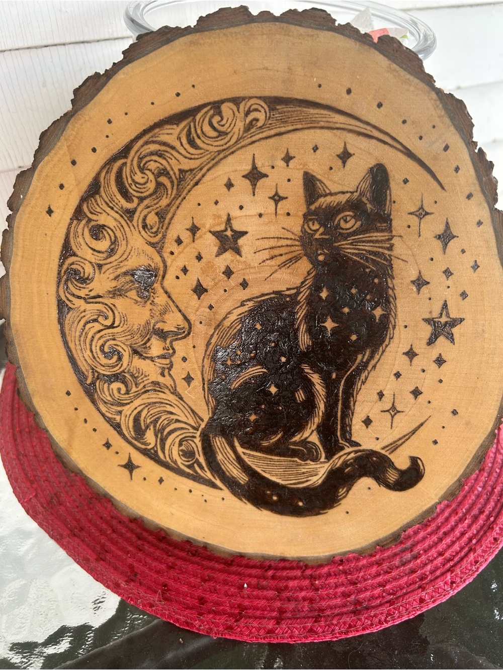 HANDMADE WOOD BURNED CAT AND MOON WOODEN WALL ART